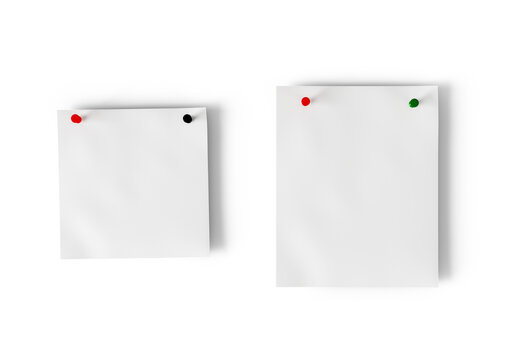 White paper note sheets with push pins isolated on transparent background