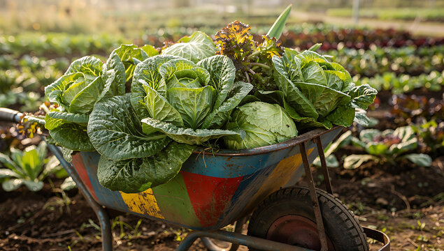 Close-up of Fresh Leafy Vegetables in Wheelbarrow for Market Sale