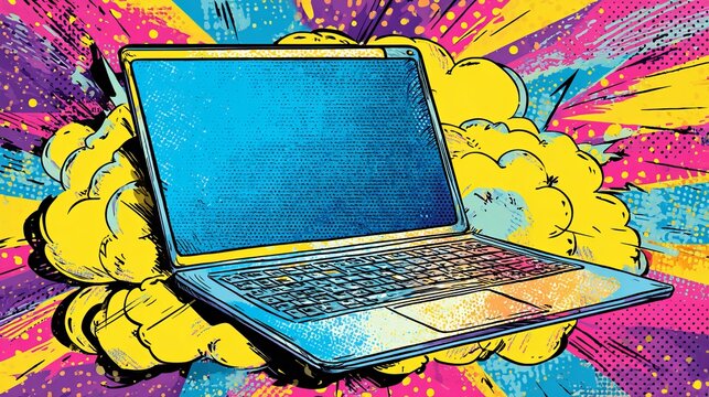 Open laptop computer displayed with vibrant pop art background featuring bold yellow clouds and abstract colorful pink blue geometric shapes