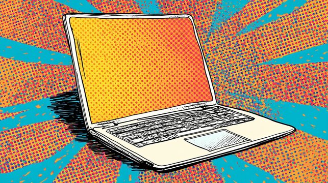Open laptop computer featuring vibrant pop art style with halftone textures and bold colorful lines set against a bright background