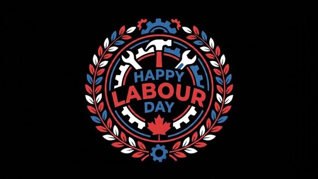 Happy Labour Day Celebration Badge Animation with Tools and Wreath