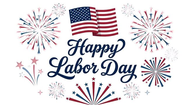 Labor day celebration greeting with waving national flag and colorful fireworks