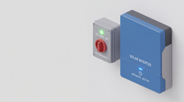 Solar cell technician creates industrial 3d isometric asset showing solar inverter with control switch