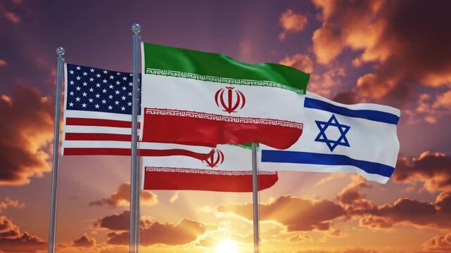 Flags of USA, Iran and Israel waving together against a dramatic sunset sky background.