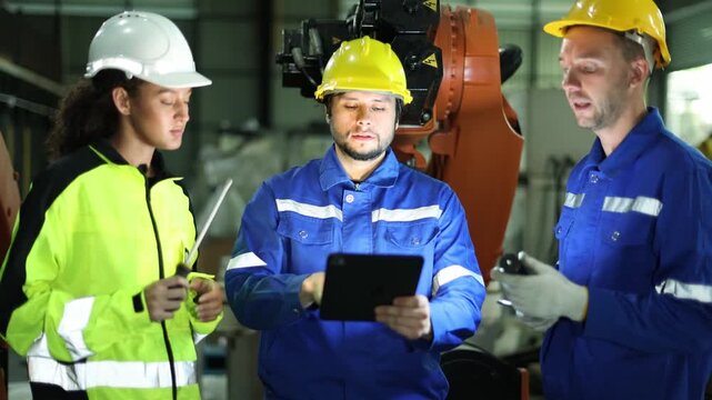 Robotics engineering team collaboratively checked installed electronic components  robot's structure verifying specifications tablet before testing automated electrical system welding robot warehouse.