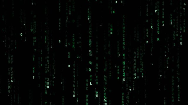 Green Digital Code Characters Falling Downward in Data Stream Motion on Black Background