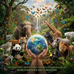 Naklejka premium Diverse wildlife surrounding hands holding a green planet.