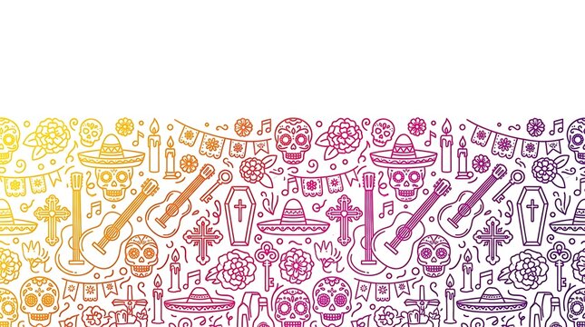 Colorful day of the dead celebration doodles pattern with vibrant hand drawn pattern traditional cultural symbols with symbols