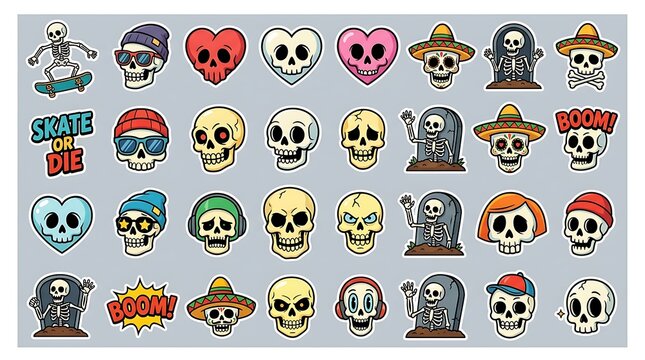 Set of cartoon skull stickers featuring various expressions and accessories for creative design projects