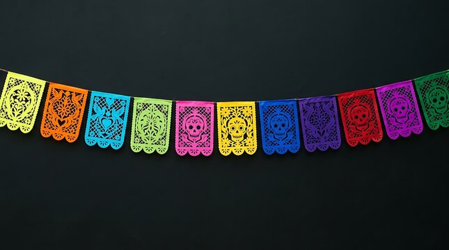 Colorful decorative paper bunting flags featuring intricate skull patterns hanging against a solid black background with colors hanging horizontally