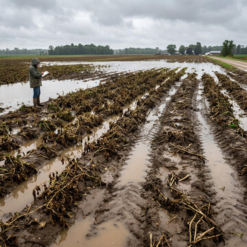 Farmer surveying a flooded agricultural crop field.