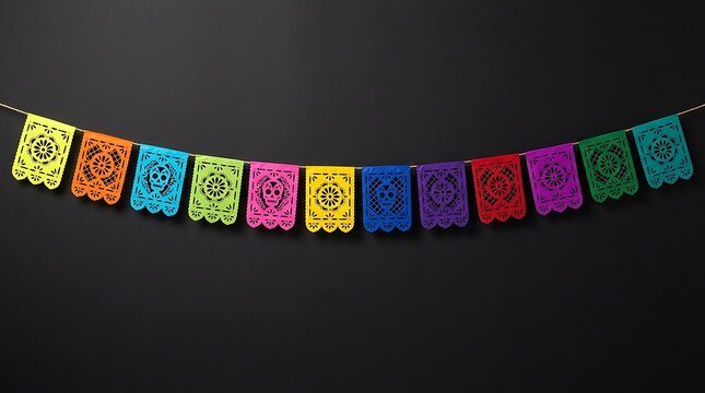 Colorful decorative paper bunting flags hanging against solid dark black background for festive celebration with vibrantly colored perforated