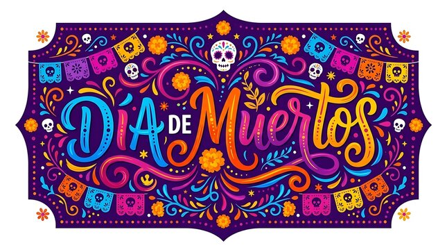 Vibrant day of the dead celebration typography design with floral ornaments and festive skull bunting decorations with purple background surrounded