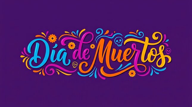 Dia de muertos colorful calligraphy typography design featuring decorative skulls and marigold flowers on a solid deep purple background