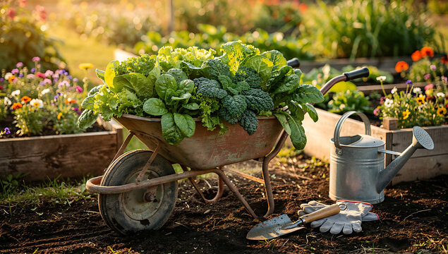 Fresh Green Vegetables in Wheelbarrow for Harvest or Gardening