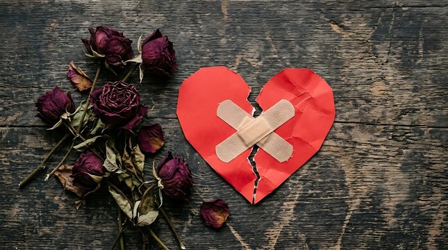 Broken red heart shape paper mended with adhesive bandage beside dried dark purple rose flowers with held together adhesive bandage sitting next