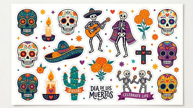 Day of the dead decorative sticker sheet featuring colorful sugar skulls skeletons flowers and festive mexican holiday themed elements