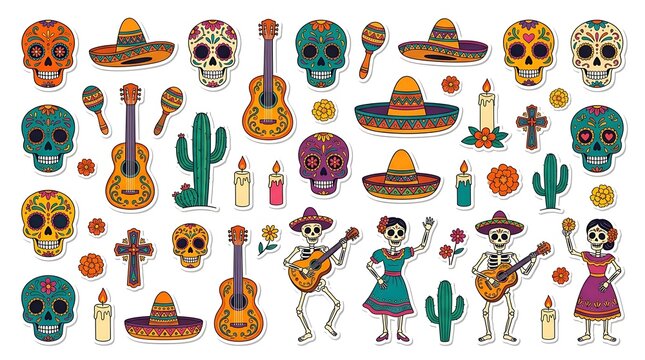 Mexican day of the dead celebration decorative sticker set featuring colorful sugar skulls mariachi skeletons guitars sombreros with stickers