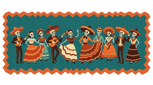 Festive group skeleton musicians dancers traditional clothing celebrating cultural holiday illustration decorative pattern style with dancing against teal