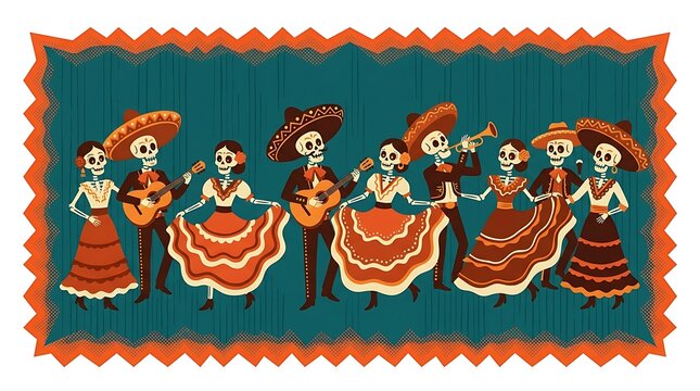 Festive mexican skeleton musicians and dancers performing traditional cultural celebration scene illustration with instruments dancing traditional