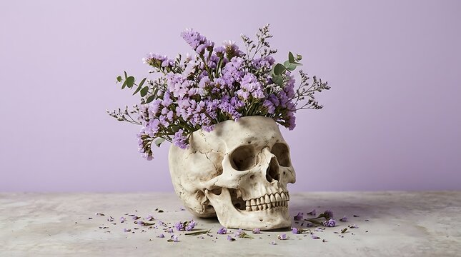 Human skull planter overflowing with vibrant purple statice flowers against a soft lilac background studio display with repurposed decorative flower