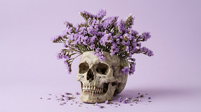 Human skull used as a vase for vibrant purple flowers against a minimalist pastel lavender background concept with filled purple statice