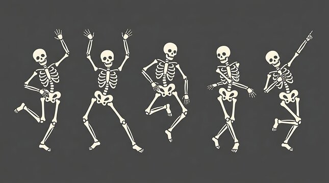 Five dancing skeletons set featuring playful human bone structures against a solid dark grey background surface with arranged horizontally