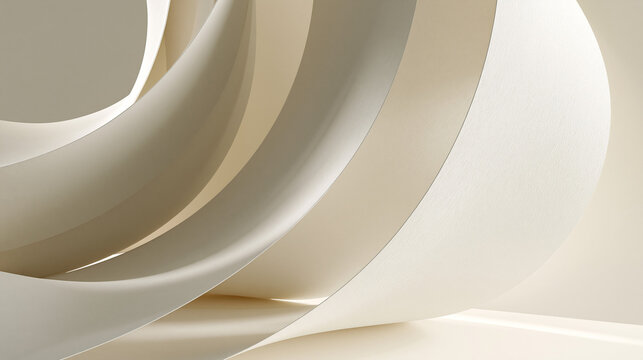 Minimalist 3D abstract background with flowing white and beige ribbons
