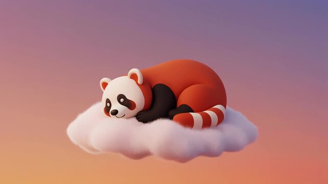 Cute 3D red panda sleeping on fluffy pastel cloud, seamless loop background for kids lullaby and relaxation