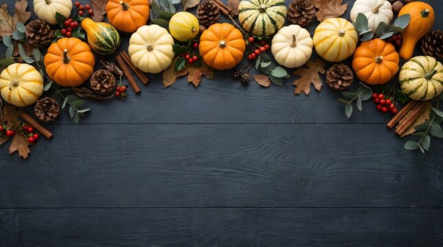 Autumn harvest flat lay with pumpkins, gourds, pinecones, and fall foliage on dark wood