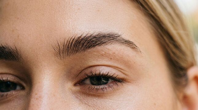 Close-up of a woman's perfectly shaped natural eyebrows and eye