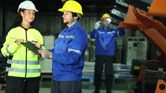 Robotics engineering team collaboratively checked installed electronic components  robot's structure verifying specifications tablet before testing automated electrical system welding robot warehouse.