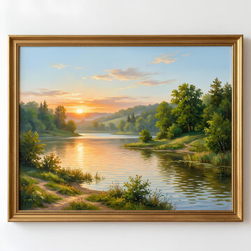 Framed landscape oil painting of sunset over a river.