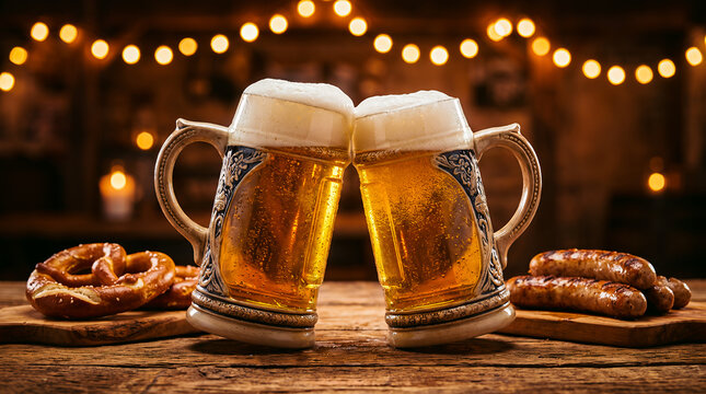 Traditional Bavarian beer mugs clinking together with foam splash celebration, Oktoberfest festival toast, German beer culture.