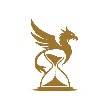 Golden griffin and hourglass logo design