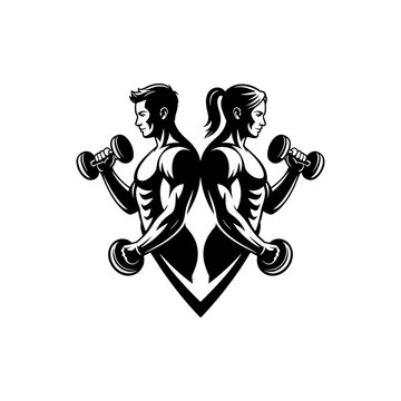 Fitness logo with a man and a woman lifting dumbbells