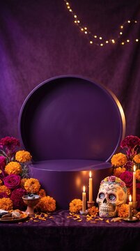 Day of the Dead Altar with Product Podium, Sugar Skull, Marigolds