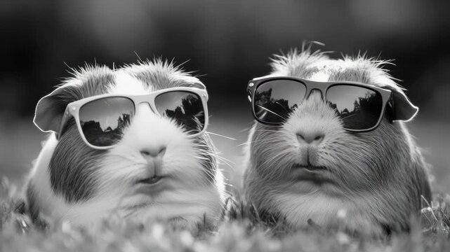of two adorable rabbits wearing sunglasses on a white background with a subtle texture overlay.