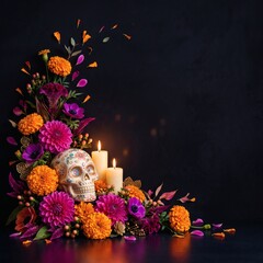 Fototapeta premium Vibrant Dia de Muertos Altar with Calavera, Flowers, and Candles