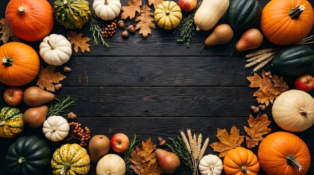 Autumn harvest bounty with pumpkins, gourds, nuts, and pinecones on rustic wood table