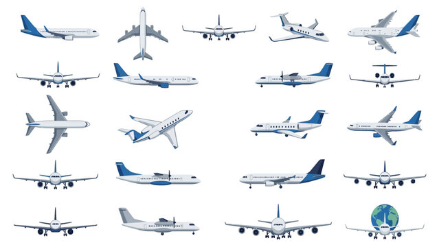 Various airplanes in vector illustration during day with clear sky for travel concept