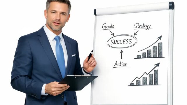 Professional in suit presenting a plan with success metrics such as increased revenue and profits. Whiteboard with key points outlined.