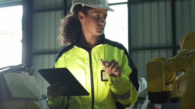 Female robotics engineer inspects the pivot point electric welding robot in front factory where robot arms are assembled and electronic components are installed using tablet record data.
