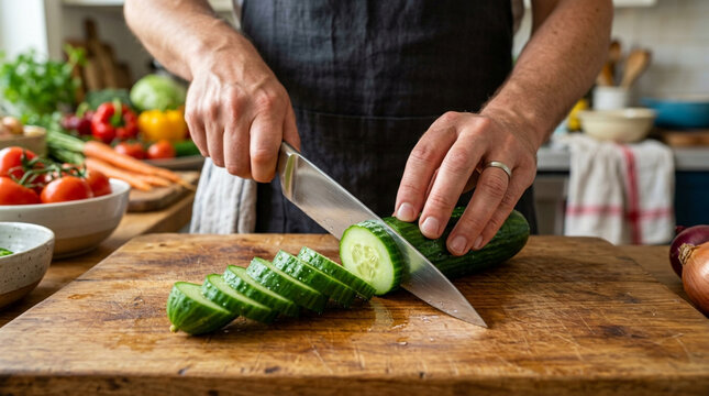 Man's hands slicing cucumber on a wooden board in a kitchen, fresh vegetables background