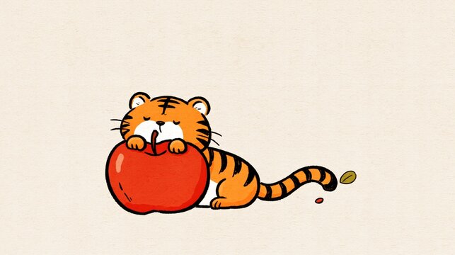 Cute tiger hugging red apple background illustration for mindfulness and healthy eating