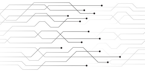 Obraz premium Minimalist circuit board pattern with black lines and dots on white background. Abstract digital technology background. Electronic motherboard schematic for web design and tech branding.