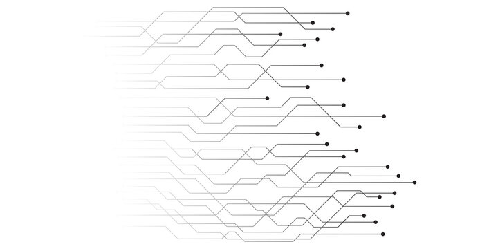 Minimalist circuit board pattern, abstract digital technology lines on white background. High tech electronic connection network, futuristic data flow concept for web design and branding.