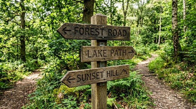 Wooden signpost with three arrows pointing to Forest Road, Lake Path, and Sunset Hill.