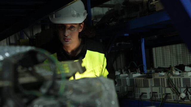 Female factory worker inspects robot spare parts on shelves selecting the correct model and serial number which are then recorded on a tablet.