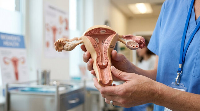 Medical professional holding uterus model, female reproductive health concept